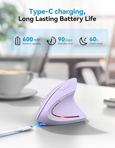 TECKNET Ergonomic Mouse Wireless, Rechargeable Vertical Mice Right Hand | Bluetooth+2.4GHz USB, Multi Device, 4800 DPI Adjustable, Optical Carpal Tunnel Mouse for Laptop, PC, MacBook, Light Purple - color: Light Purple