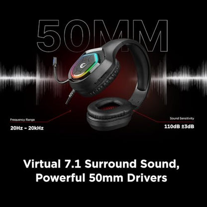 Rampage RM-K90 Wired Gaming Headset with Microphone – RGB Headphones with Mic, 50mm Drivers, Noise-Canceling for PC, PS4, PS5 & Laptop Gaming - color: Black