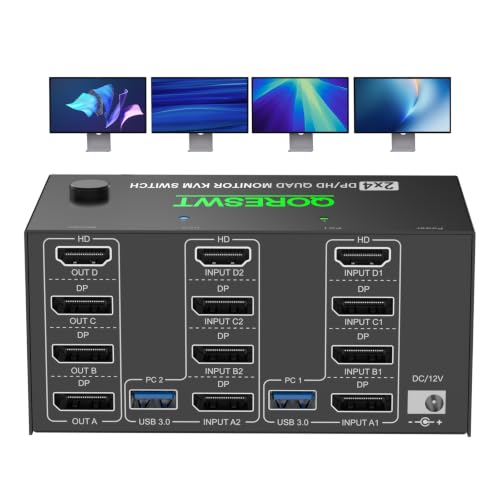 HDMI + 3 DisplayPort KVM Switch 4 Monitors 2 Computers, 4K@120Hz/8K@30Hz Quad Monitors KVM Switch 2 PCs Share 4 Monitors, with 4 USB3.0 Ports for Keyboard Mouse, with Wired Remote - color: Black