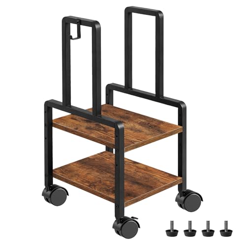 Adjustable 2-Tier PC Stand, Computer Tower Stand with 360° Locking Wheels & Hooks, CPU Cart for Floor, Carpet and Under Desk, 15.2" x 11.8" x 26", Rustic Brown - color: Rustic Brown