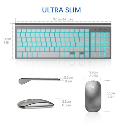 Wireless Backlit Keyboard and Mouse Ultra Slim Combo, TopMate 2.4G Silent Compact 2400DPI Mouse and Scissor Switch Keyboard Set, Batteries Included, for PC/Laptop/Windows/Mac/Gaming - BL Gray Silver - color: BL Gray Silver