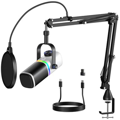 AK-10 USB Gaming Microphone with mic arm, Condenser Microphone for PC/MAC/PS4/PS5/Phone-Cardioid Mic with RGB Lighting（White） - color: Ivory