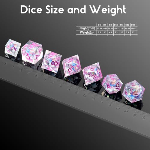 DNDND Blue Dragon Dice with Pink Numbers | Liquid Core 7-Piece Sharp Edge D&D Dice Set | Dragon Themed Collectible Metal Case | RPG Tabletop Gaming Gift - color: Liquid Dragon Ancient