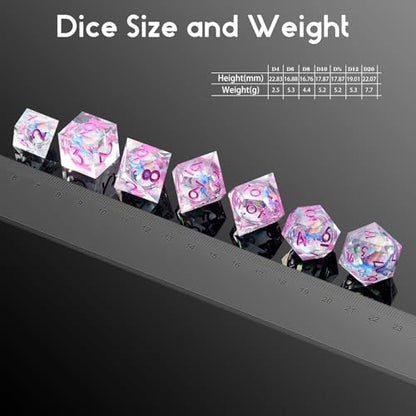 DNDND Blue Dragon Dice with Pink Numbers | Liquid Core 7-Piece Sharp Edge D&D Dice Set | Dragon Themed Collectible Metal Case | RPG Tabletop Gaming Gift - color: Liquid Dragon Ancient