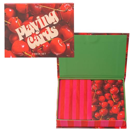 ban.do Set of 2 Decks of Playing Cards, Cherry & Stripes | Set of Two 52-Count Standard Card Decks with Storage Box, Cute Fruit Theme Playing Cards in Decorative Case