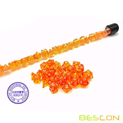Bescon 28pcs Translucent Orange Mini Polyhedral Dice Set in Tube, Small Role Playing Polyhedral Dice 4X7pcs,Mini Gem Dice Set - color: 4x7 28pcs Gem Orange Tube