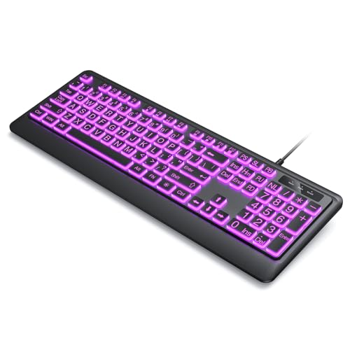 Luzarriba Large Print Backlit Computer Keyboards, 7 Colors Backlight USB Keyboard, Plug-and-Play, Foldable Stands, Corded Full Size Keyboard for Windows, PC, Laptop (Black, Large) - size: Large