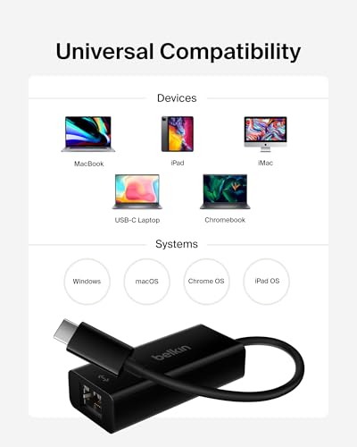 Belkin USB-C to Ethernet Adapter, Gigabit Ethernet Port Compatible w/ USB-C Devices, USB-C to Ethernet Cable for MacBook Pro & Dell XPS 13” Laptops, Ethernet USB-C Hub, Ethernet USB-C Adapter - Black | 1000Mbps wired network adapter, MacBook, Chromebook,