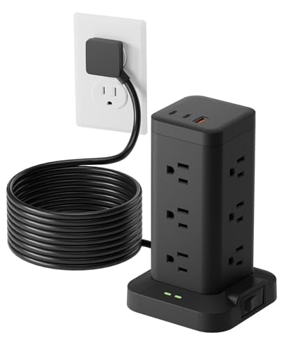Power Strip Tower with Surge Protector 1800J, Fast Charging Tower PD20W USB-C Ports with 12 AC Outlets, Extension Cord for Home Office Dorm Room, 15ft, Black - color: Black, size: 15ft