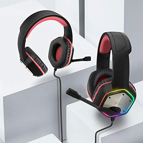 EKSA E1000 Gaming Headset, Computer Headphones with Noise Canceling Mic & RGB Light, 7.1 Surround Sound, Compatible with PC, PS4 PS5 Console, Laptop (Red) - color: Red