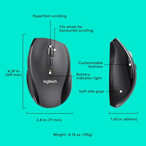 Logitech M705 Marathon Full Size 2.4 GHz Wireless Mouse - Black | Hyper-fast wheel, USB-A Nano Receiver, 5 customizable buttons, Windows Mac Linux compatible, certified for Chrome - style: M705