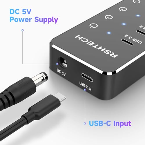 RSHTECH 7-Port Powered USB 3.2/USB C Hub with 10Gbps USB-A 3.2, 2 USB-C 3.2, 4 USB 3.0 Ports, Individual Touch Switches, 3.3ft Cable and 5V Power Adapter, USB Hub Splitter for Laptop/PC, RSH-ST07C - size: 7-Port Powered USB Hub