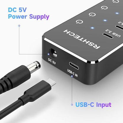 RSHTECH 7-Port Powered USB 3.2/USB C Hub with 10Gbps USB-A 3.2, 2 USB-C 3.2, 4 USB 3.0 Ports, Individual Touch Switches, 3.3ft Cable and 5V Power Adapter, USB Hub Splitter for Laptop/PC, RSH-ST07C - size: 7-Port Powered USB Hub