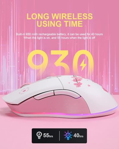 DAREU Sakura Pink Wireless Wired Gaming Mouse, Dual-Mode Rechargeable 6 Programmable Buttons,10K DPI,RGB and 7 Adjustable DPI Levels up to [150IPS] [1000Hz Polling Rate] for PC Notebook Mac - color: Sakura Pink