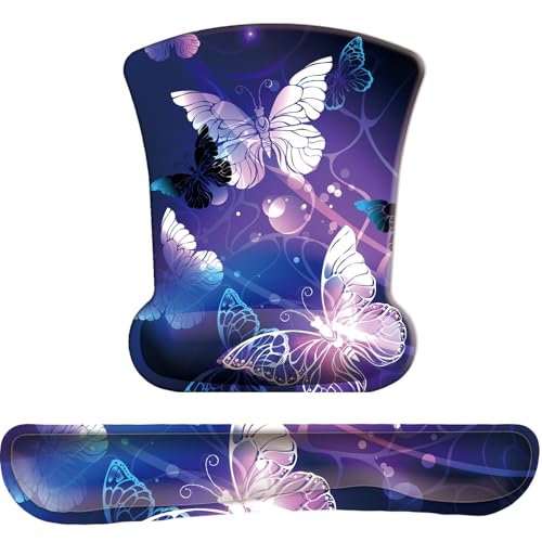 Keyboard Wrist Rest Pad Mouse Pad with Wrist Support Set of 3, Gaming Mousepad with Non-Slip Rubber Base, Ergonomic Memory Foam Mouse Cushion Support for Home Office Laptop Computer, Butterfly - color: H-butterfly