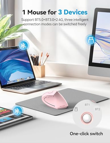 TECKNET Ergonomic Mouse Wireless, Rechargeable Vertical Mice Right Hand | 2.4G+Bluetooth, Multi Device, 4800 DPI Adjustable, Optical Carpal Tunnel Mouse, for Laptop, PC, Computer, MacBook, iPad, Pink - color: Pink