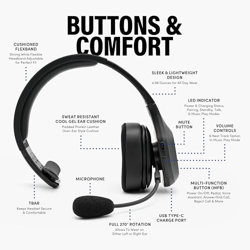Blue Tiger Storm Black - Premium Trucker Bluetooth Headset - Wireless Noise Canceling Mono Headset with Mic - High-Fidelity Sound, 30-Hour Talk Time, USB-C Charging - for Truck Drivers, Bluetooth 5.0 - color: Black, style: Storm Black