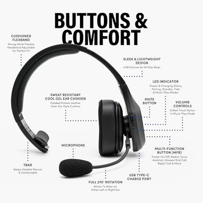 Blue Tiger Storm Black - Premium Trucker Bluetooth Headset - Wireless Noise Canceling Mono Headset with Mic - High-Fidelity Sound, 30-Hour Talk Time, USB-C Charging - for Truck Drivers, Bluetooth 5.0 - color: Black, style: Storm Black