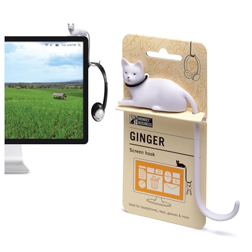 Monkey Business Ginger The Cat Tail Hook for Computer Screen, Tight Spaces, Hang Keys, Accessories in Easy Reach (White) - color: White