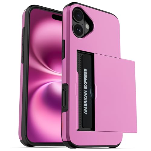 Jiunai for iPhone 16 Case Wallet Holds 2 Cards Slide Card Pocket Pink | Pocket for IDs Credit Access Cards License, Shockproof Protective Phone Cover for iPhone 16 6.1" Women Men Teen School Work - color: Pink, size: for iPhone 16 6.1''