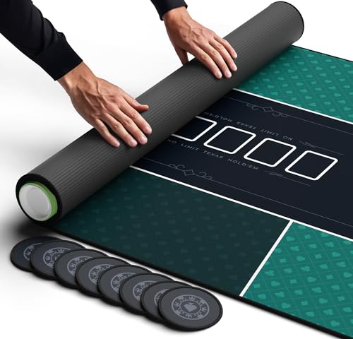 Newverest Poker Table Top 70" x 35", Texas Hold'em Poker Mat for Home Game Nights Up to 10 Players, Blackjack, Casino | Poker Topper for Tables in Zipper Storage Bag with 8 Coasters in Gift-Ready Box - color: Green With Black Edges
