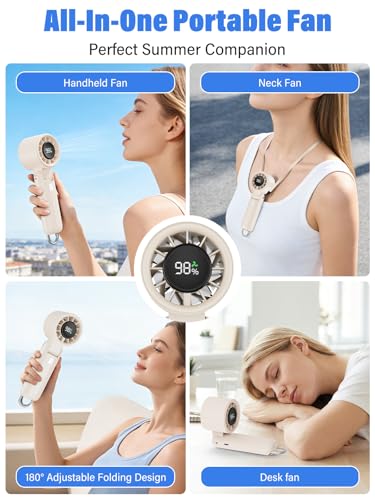 AI Handheld Fan Turbo, 100-Speed Portable Fan Rechargeable, Mini Fan with 12800 RPM Strong Airflow, Foldable 4-in-1 Personal Fan for Travel, Camping, Beach & Office, USB-C & Lightweight & Quiet - color: Beige