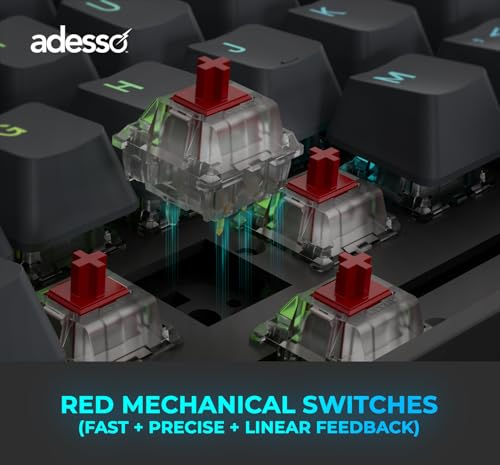 Adesso Easytouch 1300 Mechanical Keyboard, RGB Illuminated | Hot Swappable Red Switches, Wired Wireless Bluetooth, Gaming, Copilot AI Hotkey, Windows Mac