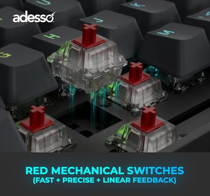 Adesso Easytouch 1300 Mechanical Keyboard, RGB Illuminated | Hot Swappable Red Switches, Wired Wireless Bluetooth, Gaming, Copilot AI Hotkey, Windows Mac