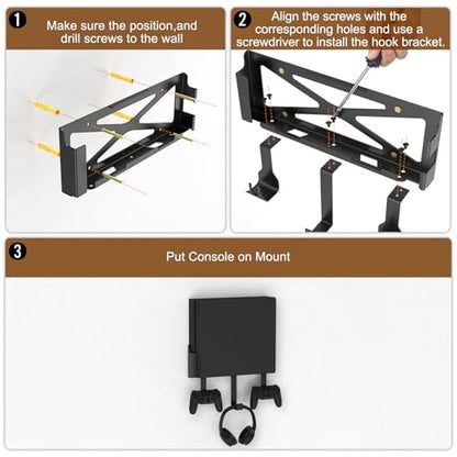 PS4 FAT Wall Mount Bracket, Wall Mount Compatible Only with PS4 Original Old Model CUH-1000/1100/1200, with 2 Controller Holders & Headset Hanger, Space Saving TV Side Mount