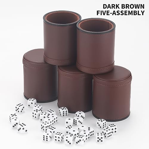 5 Pack PU Leather Dice Cups Velvet Felt-Lined Shaker Cups with 25 Dot Dice for Bar Party Yahtzee Farkle Dice Games, Brown - color: Brown