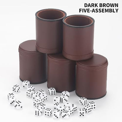 5 Pack PU Leather Dice Cups Velvet Felt-Lined Shaker Cups with 25 Dot Dice for Bar Party Yahtzee Farkle Dice Games, Brown - color: Brown