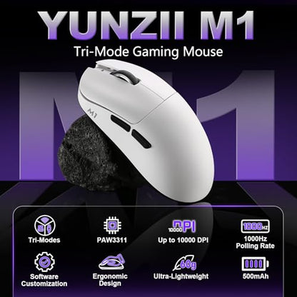 YUNZII M1 PAW3311 Sensor Wireless Gaming Mouse (White) | 7-Level DPI Adjustment Up to 10000 DPI, Stable 1000Hz polling rate, 60g Lightweight Design, Easy Software for Win & Mac - color: White