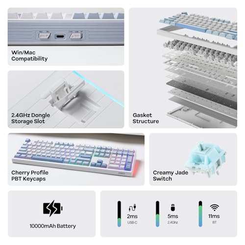 EPOMAKER TH108 Full Size Mechanical Keyboard, Wireless Gaming Keyboard with 8000mAh Battery, Creamy Gasket, 108 Keys, Hot Swap, Custom Driver, RGB Backlight (Blue&White, Creamy Jade) - color: Blue&White, size: Creamy Jade