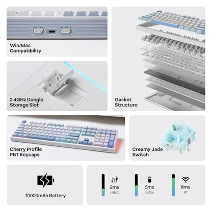 EPOMAKER TH108 Full Size Mechanical Keyboard, Wireless Gaming Keyboard with 8000mAh Battery, Creamy Gasket, 108 Keys, Hot Swap, Custom Driver, RGB Backlight (Blue&White, Creamy Jade) - color: Blue&White, size: Creamy Jade