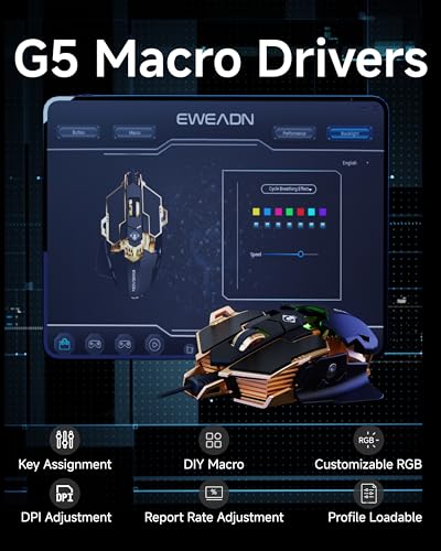 EWEADN G5 Wired Gaming Mouse with Adjustable Tail, 12800 DPI Programmable Computer Mouse with RGB Backlit, 9 Macro Buttons, Rapid Fire Key & Aluminum Base Ergonomic PC Mice for Laptop, PC-Black&Gold - color: Black&Gold