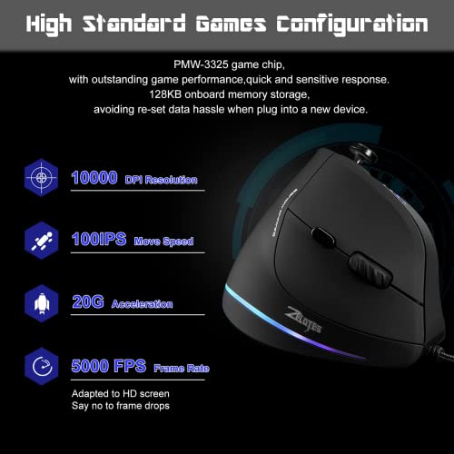 TKMARS Wired Ergonomic Mouse with Joystick, Vertical Gamer Mouse 11 Programmable Buttons 10000 DPI Adjustable Gaming Mouse for PC Mac USB Computer Black