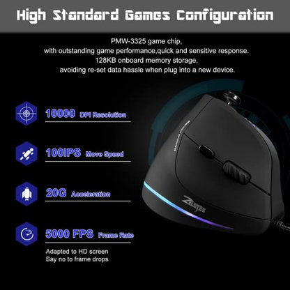 TKMARS Wired Ergonomic Mouse with Joystick, Vertical Gamer Mouse 11 Programmable Buttons 10000 DPI Adjustable Gaming Mouse for PC Mac USB Computer Black