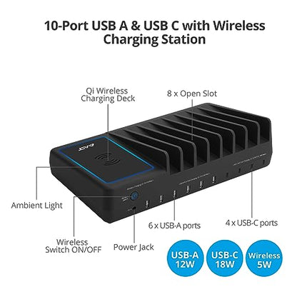 AVLT 150W 10 Port USB-A USB-C with Qi Wireless Charging Station - Black | Multiple Devices Compatible with iPhone iPad AirPods Smartphone Tablet Organizer Includes Charging Cables