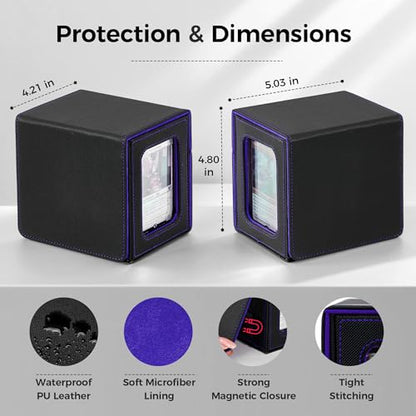 MTG Commander Deck Box with Dual Display Windows and Dice Tray | Fits 100 Double-Sleeved Cards, PU Leather, 2 Magnetic Card Holders, 2 Dividers, Black & Purple - color: 2. Black & Purple