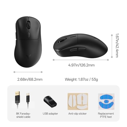 Rapoo VT3 MAX Gen-2 Wireless Gaming Mouse, True 8K Wireless Polling Rate, 53g Lightweight, Up to 750 Hr Battery, Nordic nRF54L15 MCU, 120-Million Optical Switch, 10 Programmable Buttons, Macro Enabled - color: Black