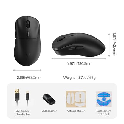 Rapoo VT3 MAX Gen-2 Wireless Gaming Mouse, True 8K Wireless Polling Rate, 53g Lightweight, Up to 750 Hr Battery, Nordic nRF54L15 MCU, 120-Million Optical Switch, 10 Programmable Buttons, Macro Enabled - color: Black