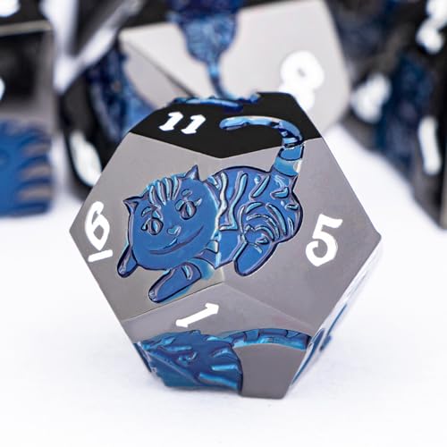 Metal DND Cat Dice 7PCS Polyhedral RPG Dice Set with Gift Case for Dungeons Dragons Role Playing Game, D and D Dice D6 D8 D10 D12 D20 D% (Blue Black) - color: Cat-black Blue