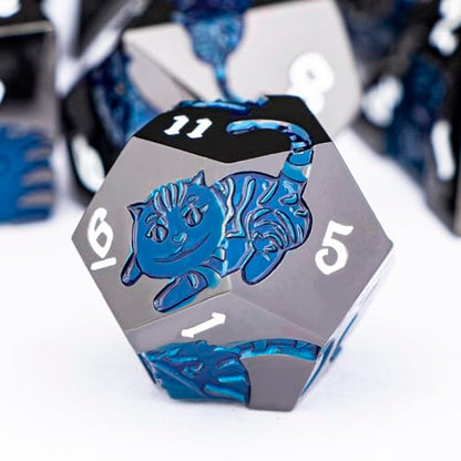 Metal DND Cat Dice 7PCS Polyhedral RPG Dice Set with Gift Case for Dungeons Dragons Role Playing Game, D and D Dice D6 D8 D10 D12 D20 D% (Blue Black) - color: Cat-black Blue