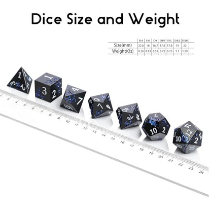 Glitter Blue D&D Metal Dice, DNDND 7 PCS Flower Metallic DND Dice Set with Gorgeous Gift Case for Dungeons and Dragon Tabletop Game (Matte Black with Glitter Blue Flower) - color: Flower Glitter Blue