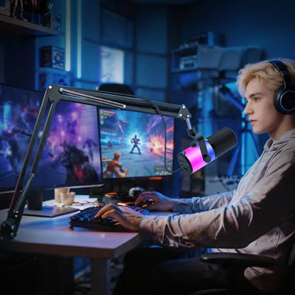 Aveek USB/XLR Dynamic Microphone with Boom Arm for Gaming & Streaming | RGB Lighting, Noise Cancellation, One-Touch Mute, Monitor Mix & Headphone Jack for PC & PS5