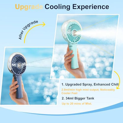HandFan Upgraded Portable Handheld Misting Fan, Rechargeable Personal Mister Fan, Spray Water Mist Fans, Foldable Electric Mini Cooling Fans for Beach Travel Disney Makeup(Light Blue) - color: Light Blue, style: HF318C