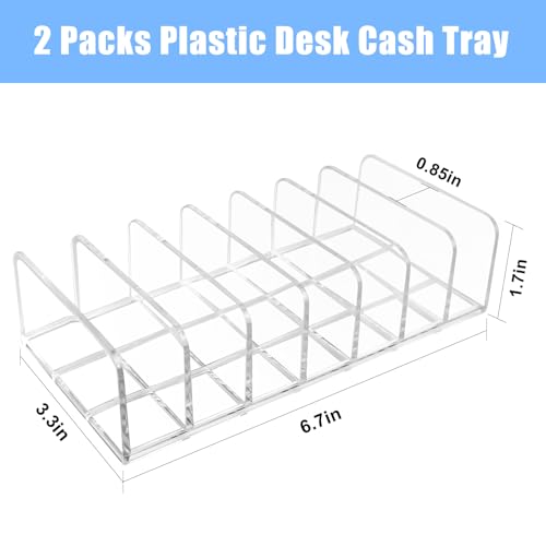 2pcs Mail Organizer Plastic Cash Tray, 7 Sections Acrylic Clear Plastic Mail Organizer, 6.6 x 3.3 inch Desk Divider Holder for Cash Envelope Mail Bill Card Makeup Palette