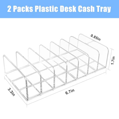 2pcs Mail Organizer Plastic Cash Tray, 7 Sections Acrylic Clear Plastic Mail Organizer, 6.6 x 3.3 inch Desk Divider Holder for Cash Envelope Mail Bill Card Makeup Palette