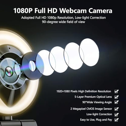 Webcam Computer Camera 1080P with Dual Microphone Adjustable Right Light Web cam for PC Advanced Auto-Focus with Tripod Zoom Streaming Camera Gaming Webcam for Facebook YouTube Xbox Streamer