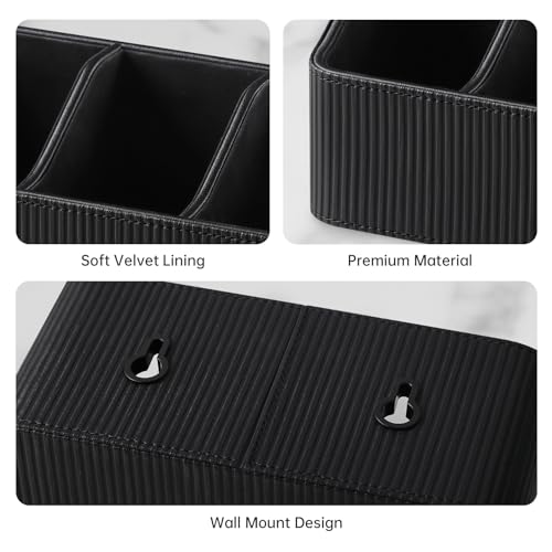 No Drill PU Leather Wall Remote Holder, 3 Compartments Storage Caddy for TV AC Remotes, Pens, Eyeglasses, Home Bedroom Bathroom Office (Stylish Black Fine Ribbed) - color: Stylish Black Fine Ribbed